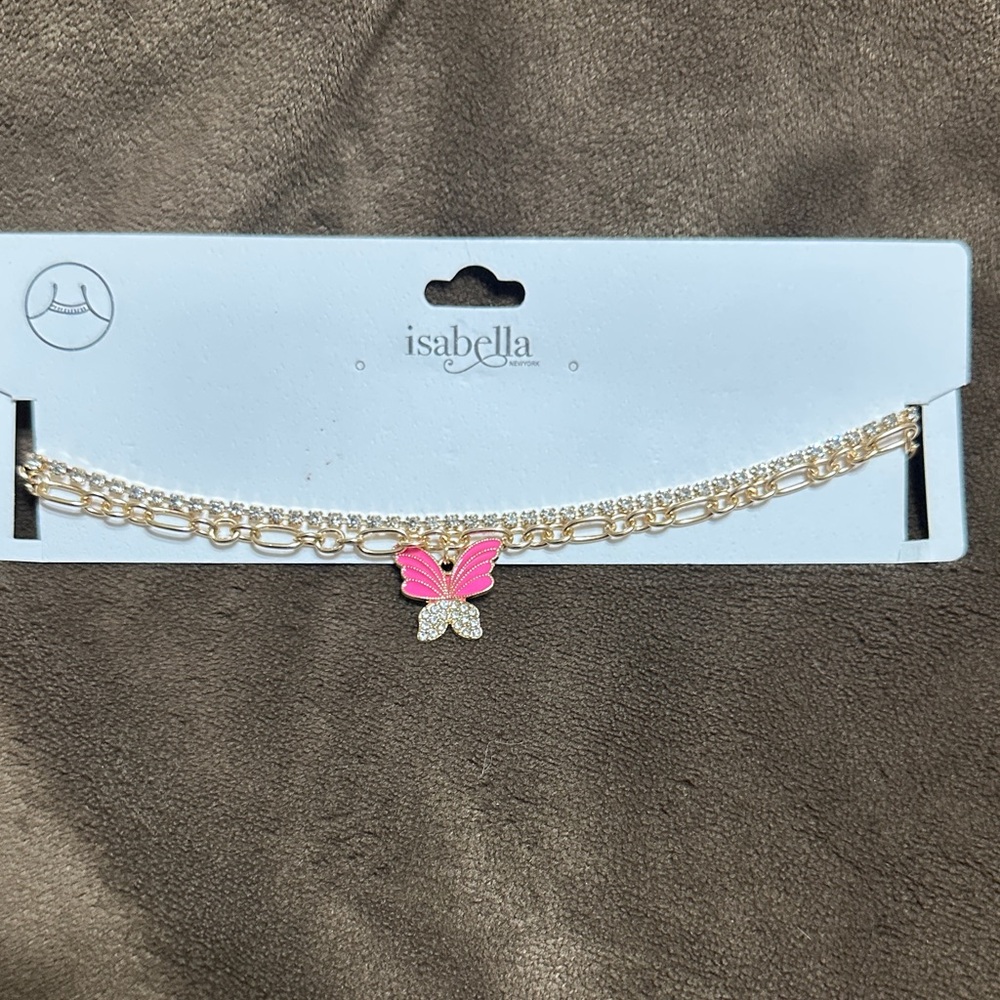 Isabella Gold Chain Choker Necklace with Pink Butterfly Pendant